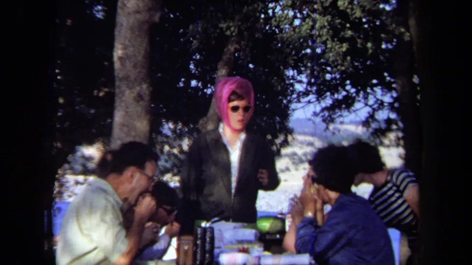 1971 California 8mm frame of adults eating and conversing at a shaded picnic table with a standing woman in a pink headscarf.