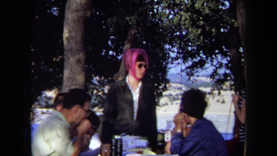 1971 California outdoor picnic frame showing a woman in a pink headscarf beside seated adults, trees, and a bright hillside background.