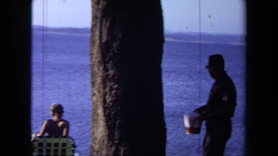 1971 California 8mm frame looking past dark tree trunks toward the ocean, with a seated adult and a standing figure carrying a bucket.