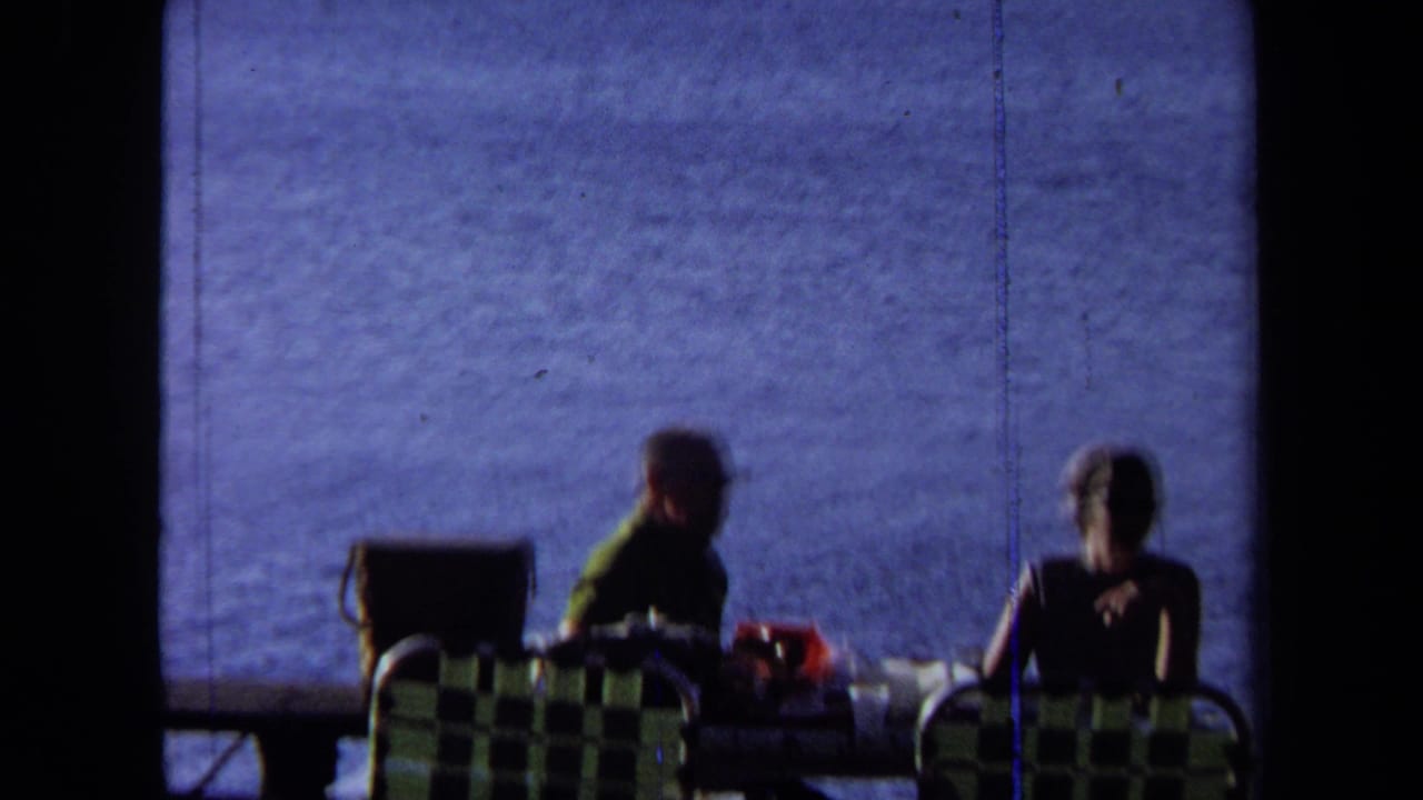 Two adults remain seated at a lakeside table with folding chairs and picnic items visible.
