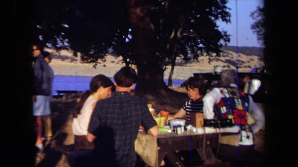 Adults in casual 1970s clothing sit and stand around a picnic table near a California lake, with trees framing the scene.