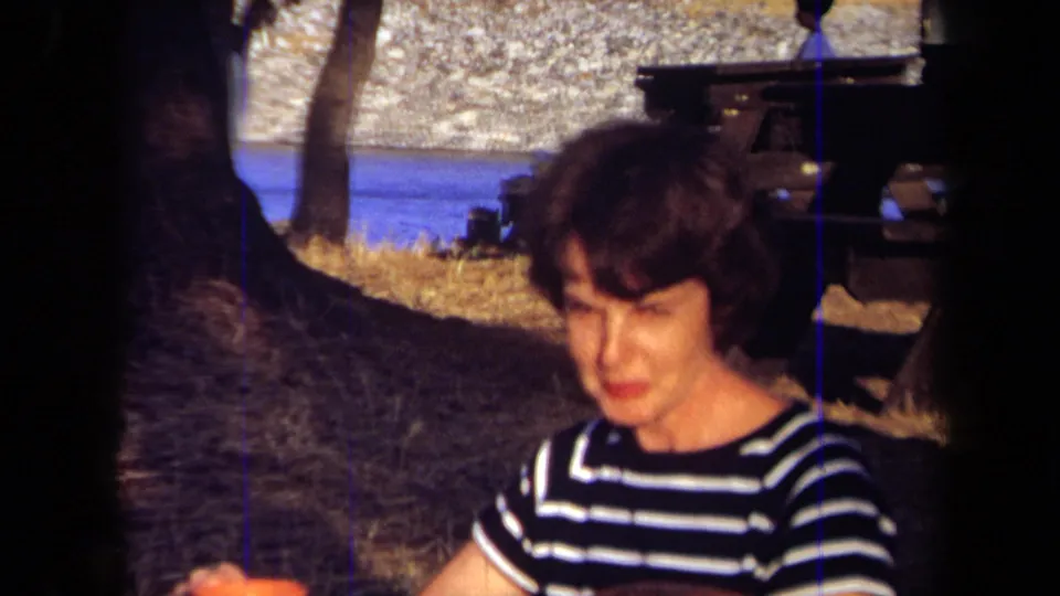 Close 8mm frame of a woman in a striped shirt at the California lakeside picnic, with trees and water behind her.