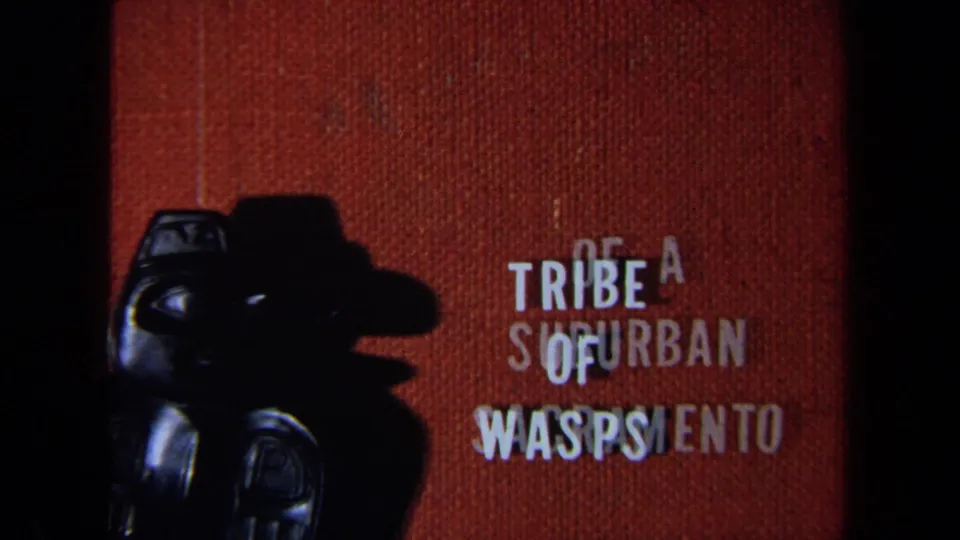 1971 California 8mm title frame with overlapping white words including Tribe of Wasps beside the carved figure.
