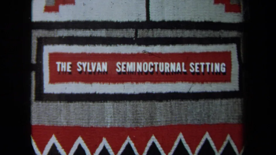 Close 8mm view of the decorative woven sign reading THE SYLVAN SEMINOCTURNAL SETTING, framed by patterned bands.