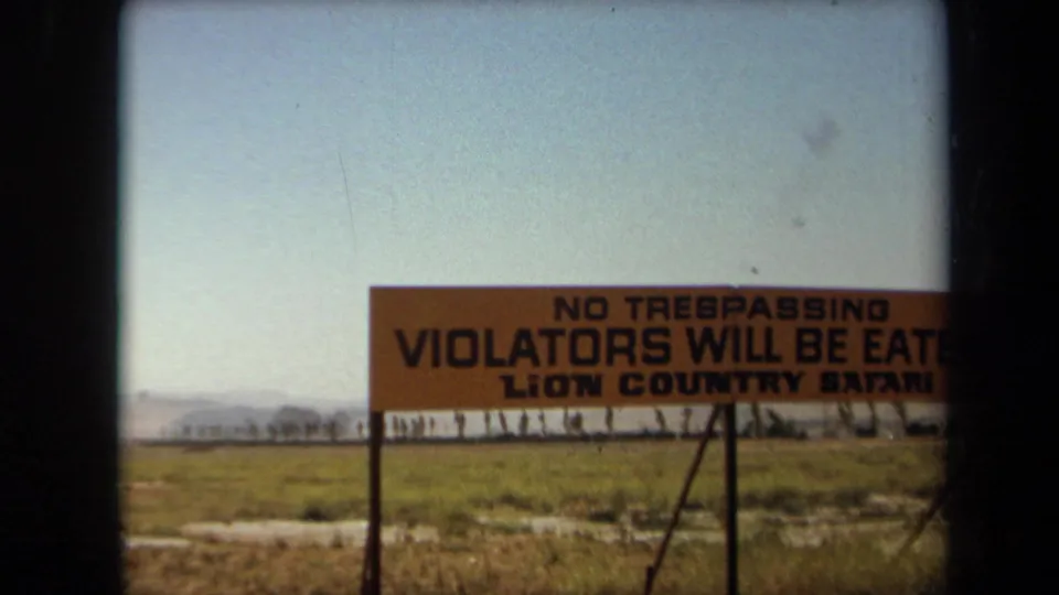 1971 Laguna Hills 8mm frame showing a Lion Country Safari warning sign in an open grassy field.