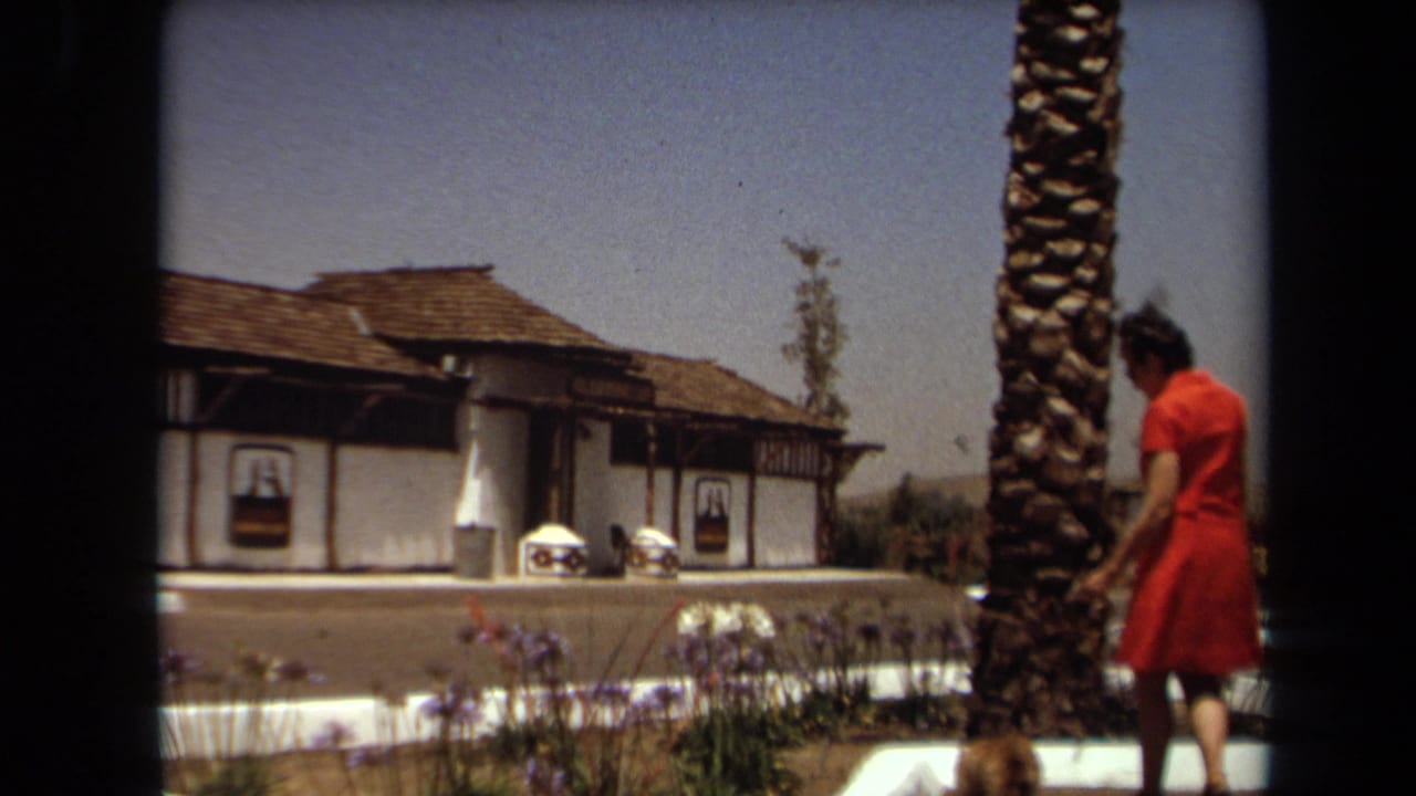 Woman in a red dress near a palm tree and stucco building.