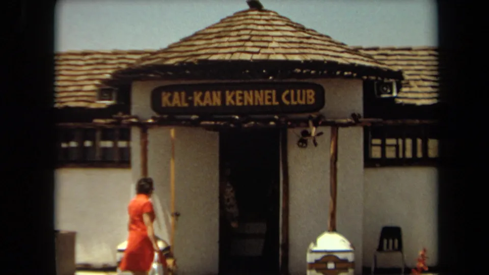 A closer 8mm frame shows the woman approaching the dark doorway beneath the Kal-Kan Kennel Club sign in Laguna Hills.