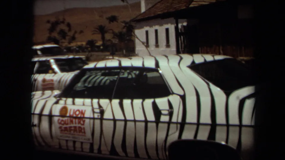 A Lion Country Safari vehicle with zebra striping and door signage sits in a sunlit parking area with palms and hills beyond.