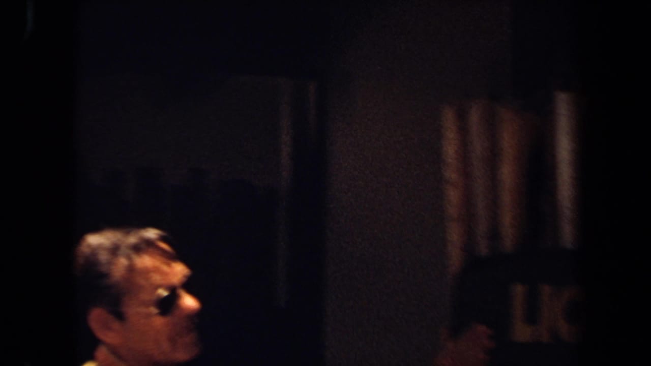 Adult man in sunglasses appears in a dark 1971 Laguna Hills attraction interior with display panels behind him.