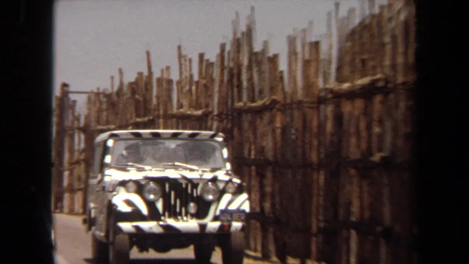 A zebra-painted jeep drives toward the camera in the Laguna Hills safari enclosure, framed by dark vehicle-window edges and rough pole fencing.