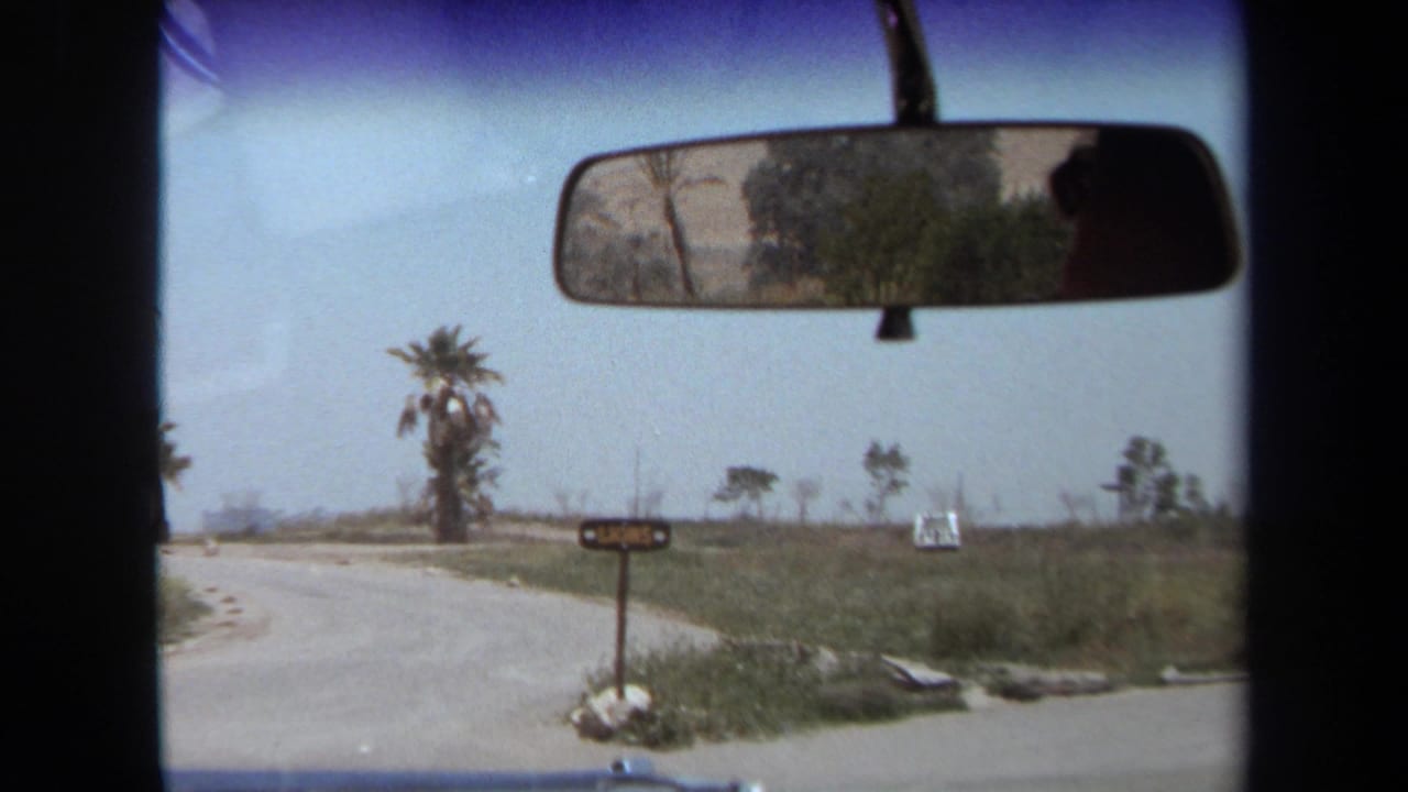 1971 Laguna Hills car-window view toward a safari park road sign for the lions section, with rearview mirror, palms, and hazy sky.