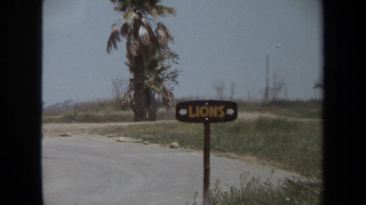 Roadside LIONS sign beside a paved curve, with palms and low hills beyond.