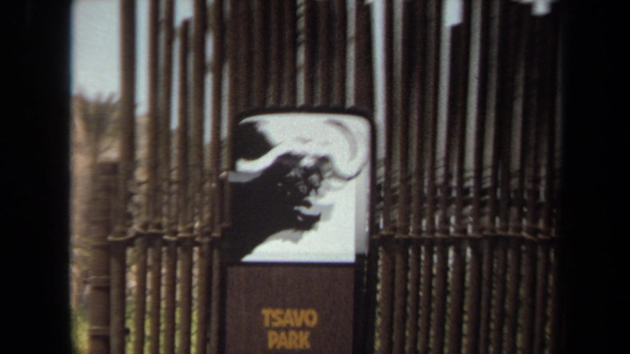 1971 8mm frame from Laguna Hills showing a Tsavo Park buffalo-logo sign behind dark car-window edges.