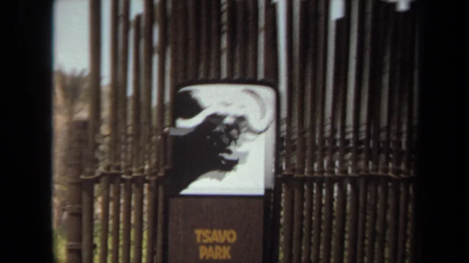 1971 8mm frame from Laguna Hills showing a Tsavo Park buffalo-logo sign behind dark car-window edges.