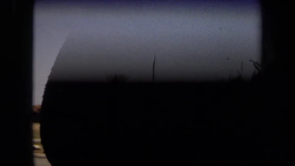 A dark foreground obstruction or vehicle frame partly blocks a Laguna Hills safari park view, with dry ground and vegetation faintly visible in 1971 8mm footage.