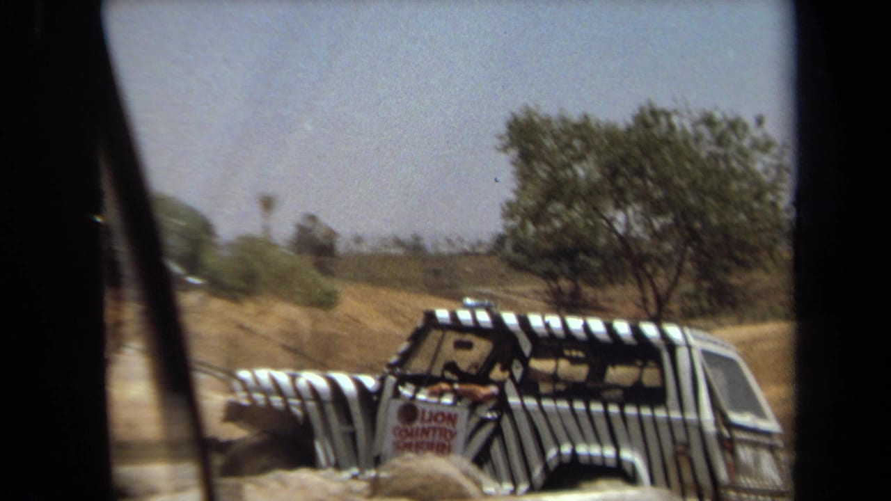 The striped Lion Country Safari Jeep moves across dusty Laguna Hills park terrain, partly framed by the filming vehicle window.
