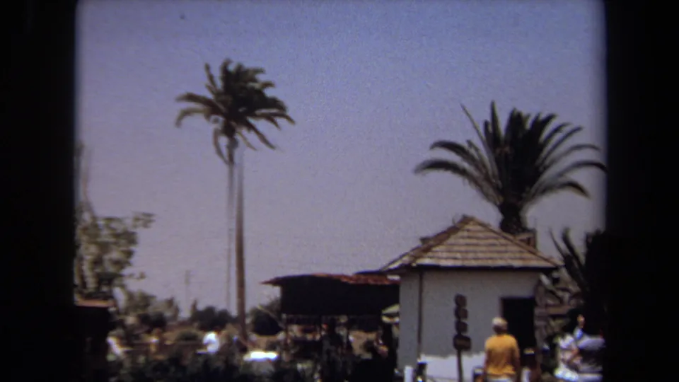 1971 Laguna Hills frame showing tall palms, a small thatched-roof building, and distant visitors in a public outdoor area.
