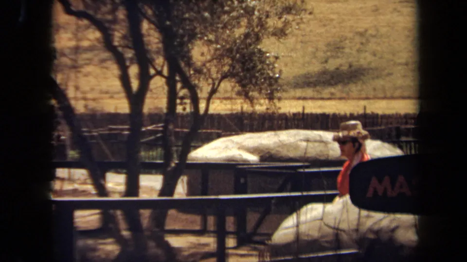 1971 Laguna Hills home-movie frame with a woman in a straw hat and red top beside exhibit fencing, trees, pale rocks, and a partial MASAI sign.