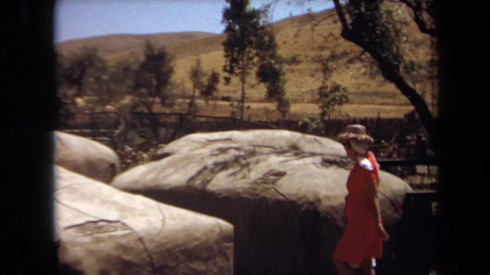 The woman in orange continues along the zoo walkway, framed by large rocks, tree trunks, railings, and dry California hills.