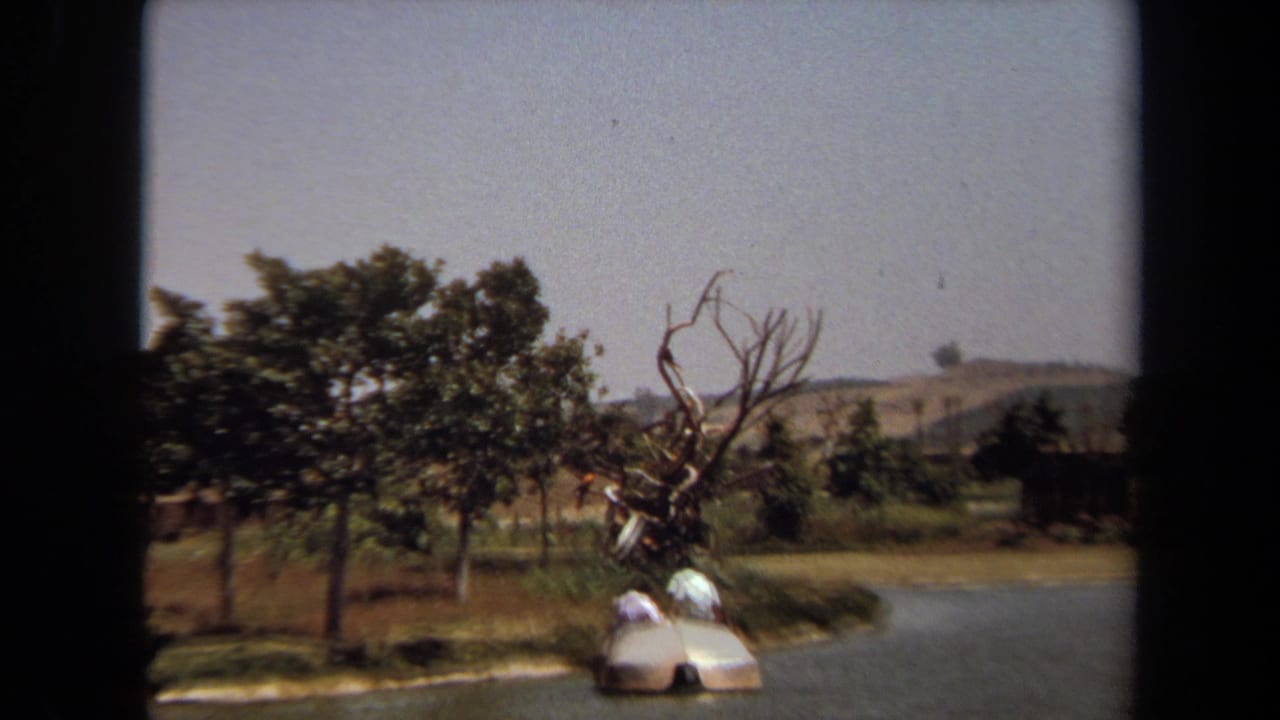 1971 Laguna Hills home-movie frame showing a pond, trees, hills, and a person in light clothing perched near a large gnarled tree sculpture.