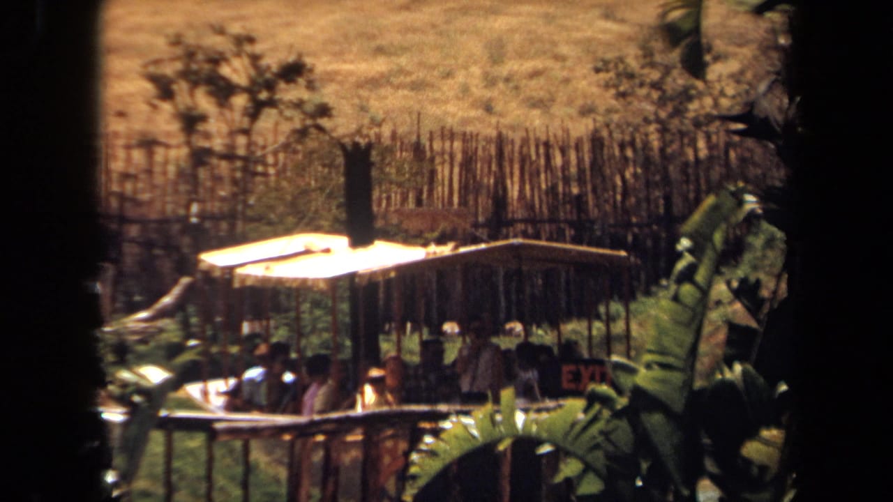 Covered wooden boat with passengers passes behind rail fencing and tropical foliage.