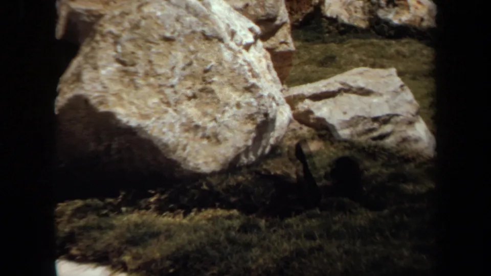 Laguna Hills park frame from 1971 showing pale rocks on grass and a dark, unclear animal-like shape near the boulder base.