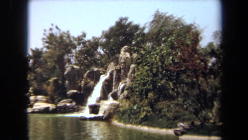 1971 Laguna Hills home-movie frame showing a landscaped waterfall, water, rocks, and surrounding trees after the animal interaction.
