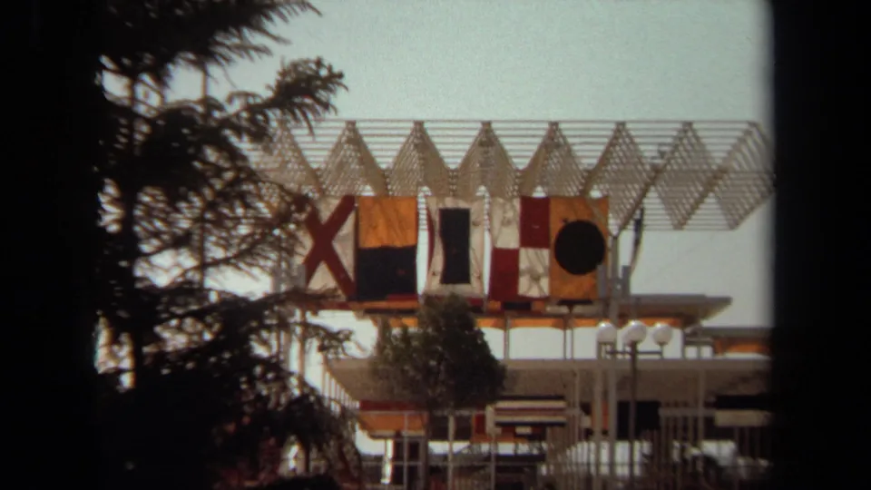 1971 Laguna Hills exterior view of the flagged structure, partly framed by a dark tree trunk and branches.