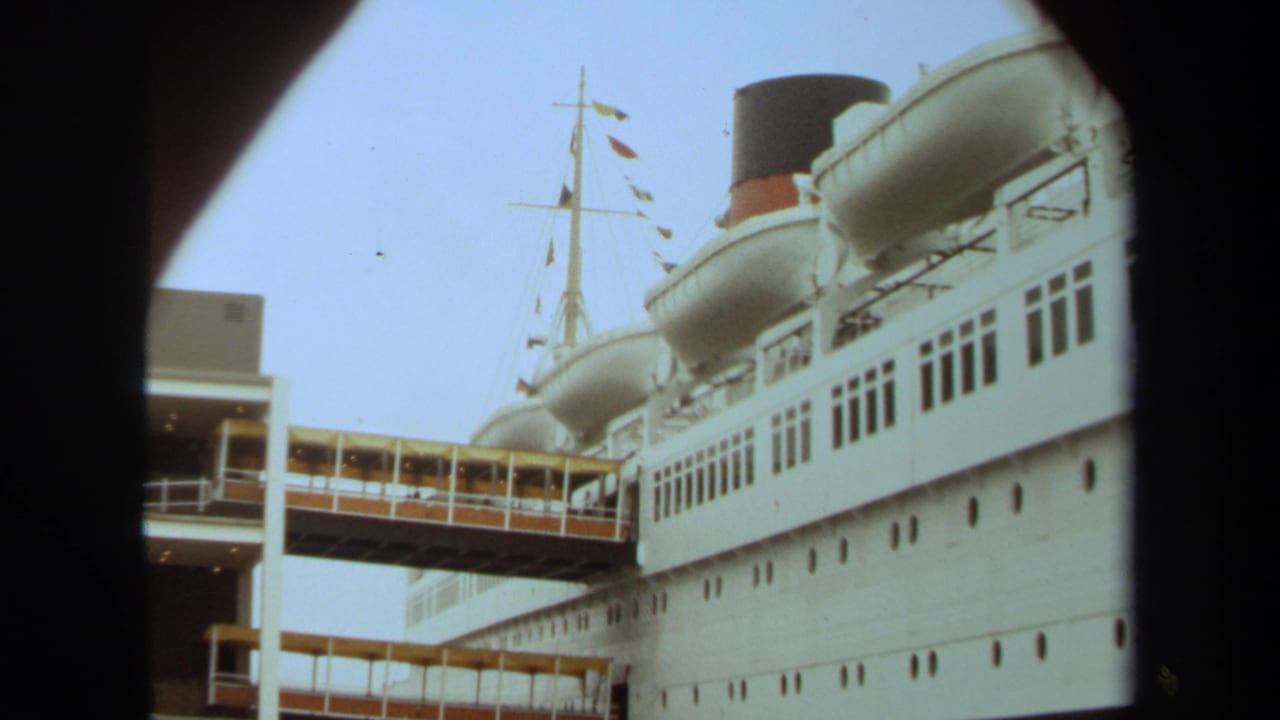 Large white passenger ship beside terminal boarding bridges under a hazy sky.