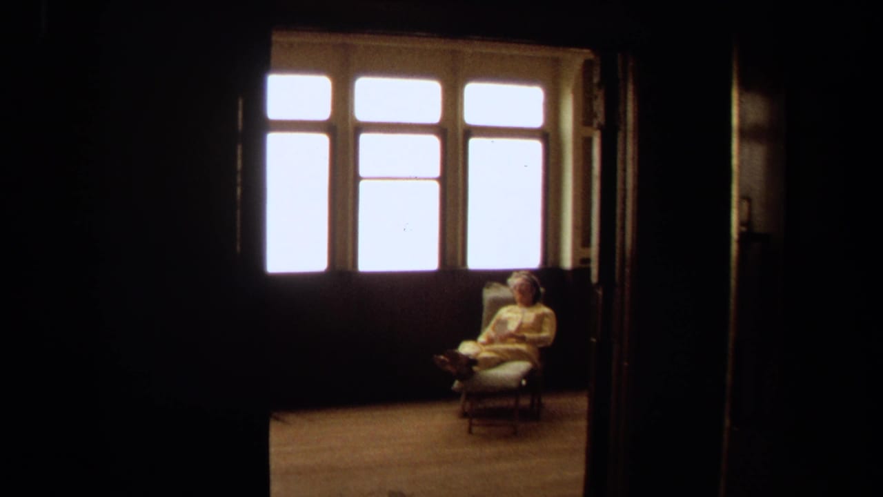 Elderly woman resting in a lounge chair beside a bright window in a dark room.