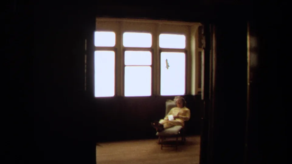1971 Long Beach home-movie view of an elderly woman reclining near a large window, with strong backlight and soft focus.