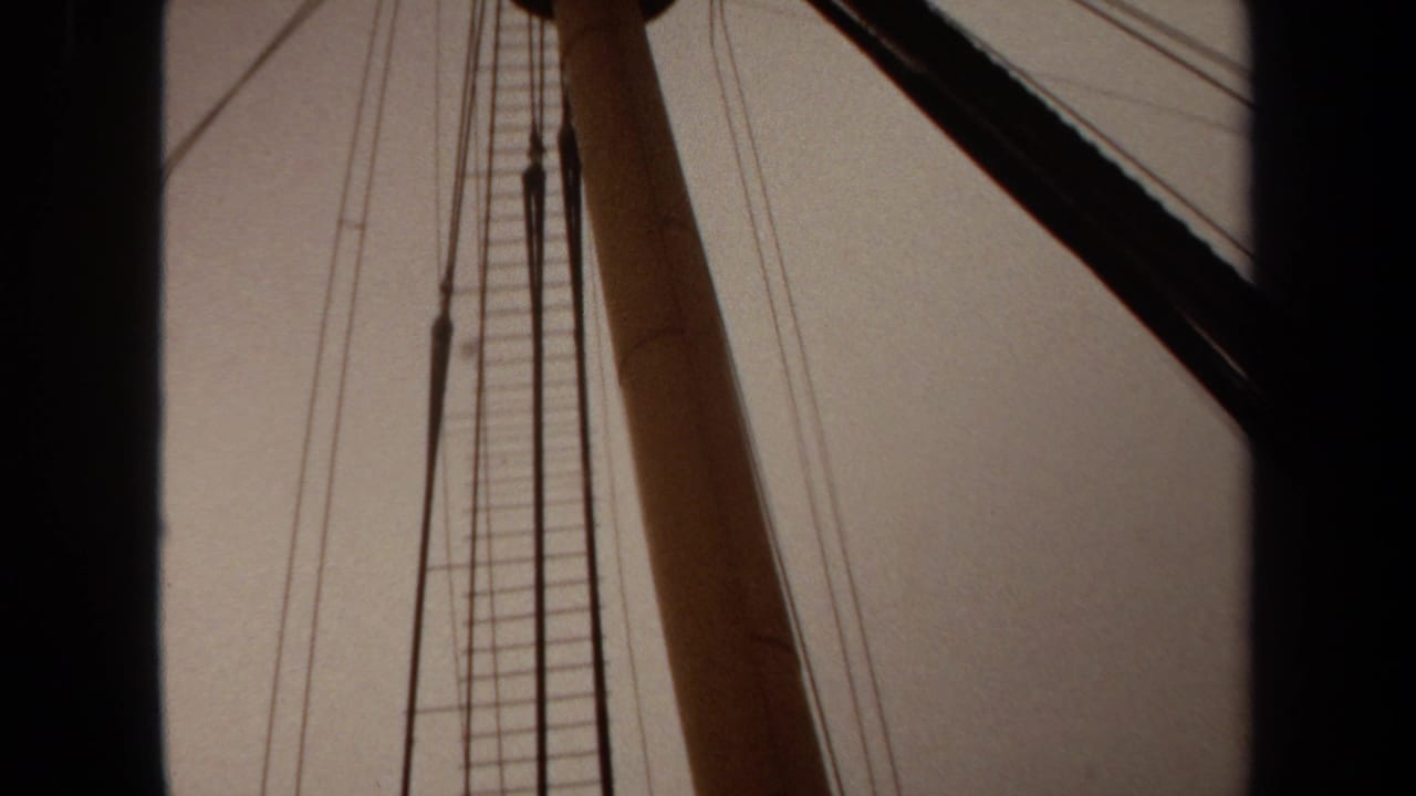 Low-angle view of a tall pole with ladder rungs and overhead wires against a pale sky.