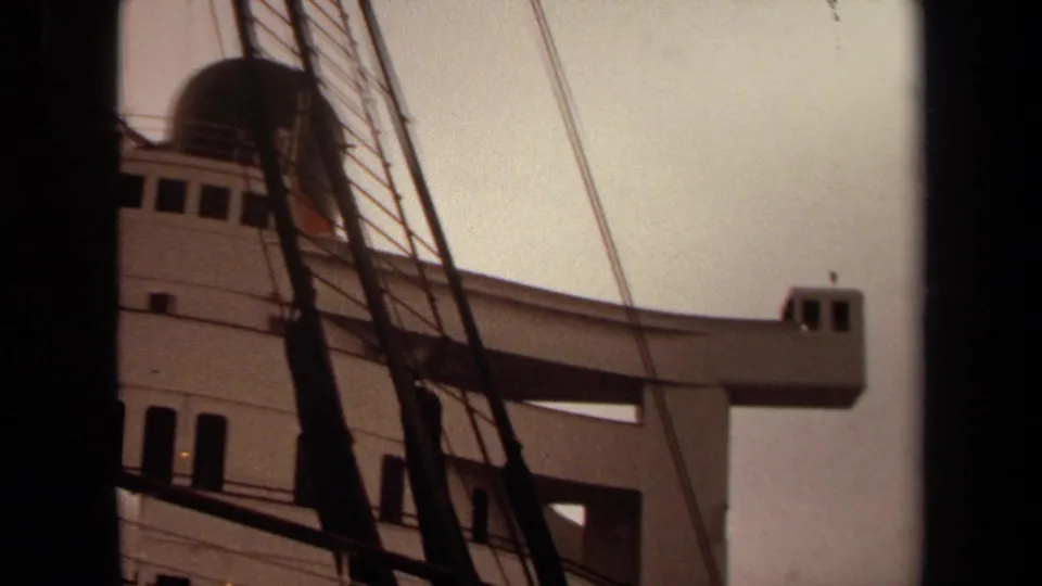 Long Beach passenger ship detail from 1971, with the funnel and rear superstructure partly hidden by rigging.