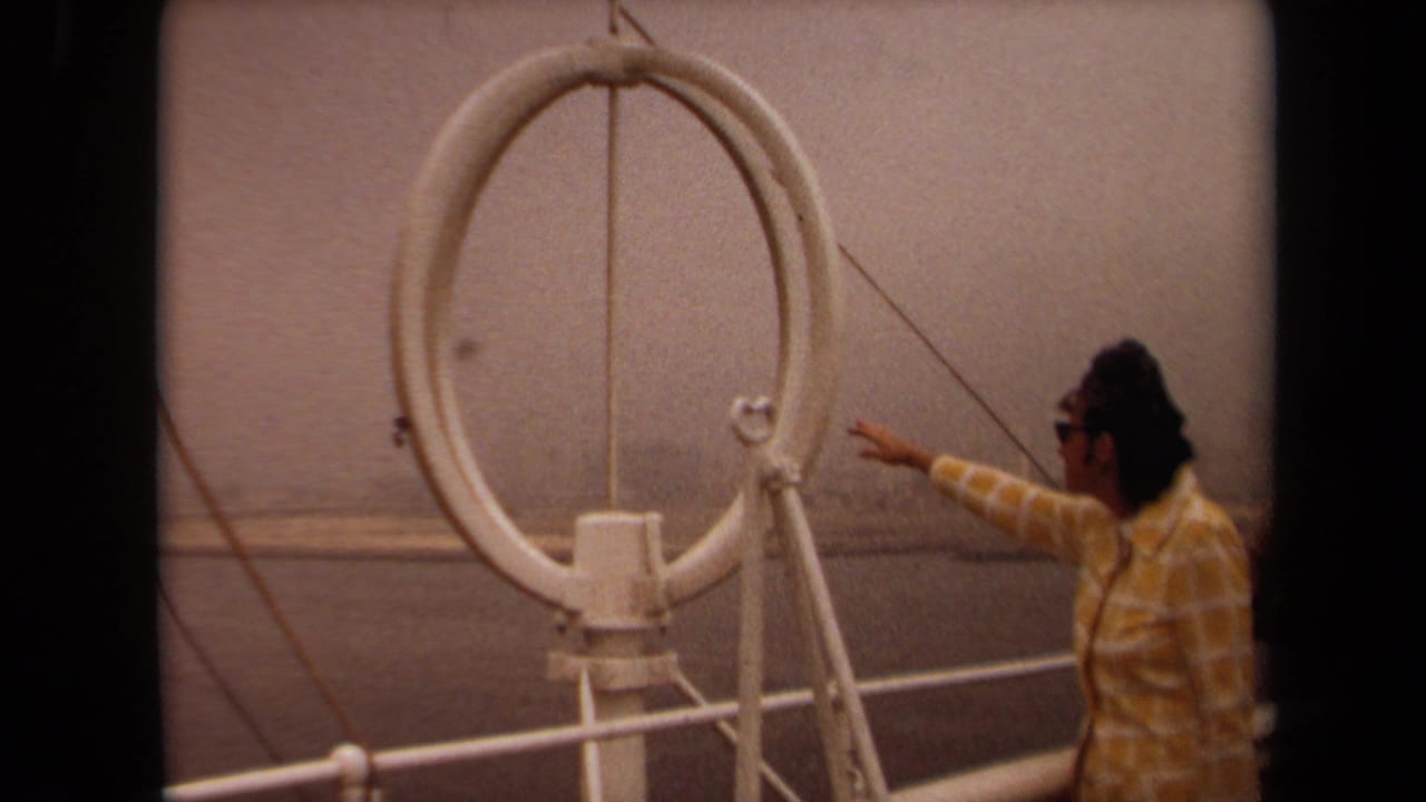 Man in a yellow plaid shirt points across the water beside a white circular antenna.