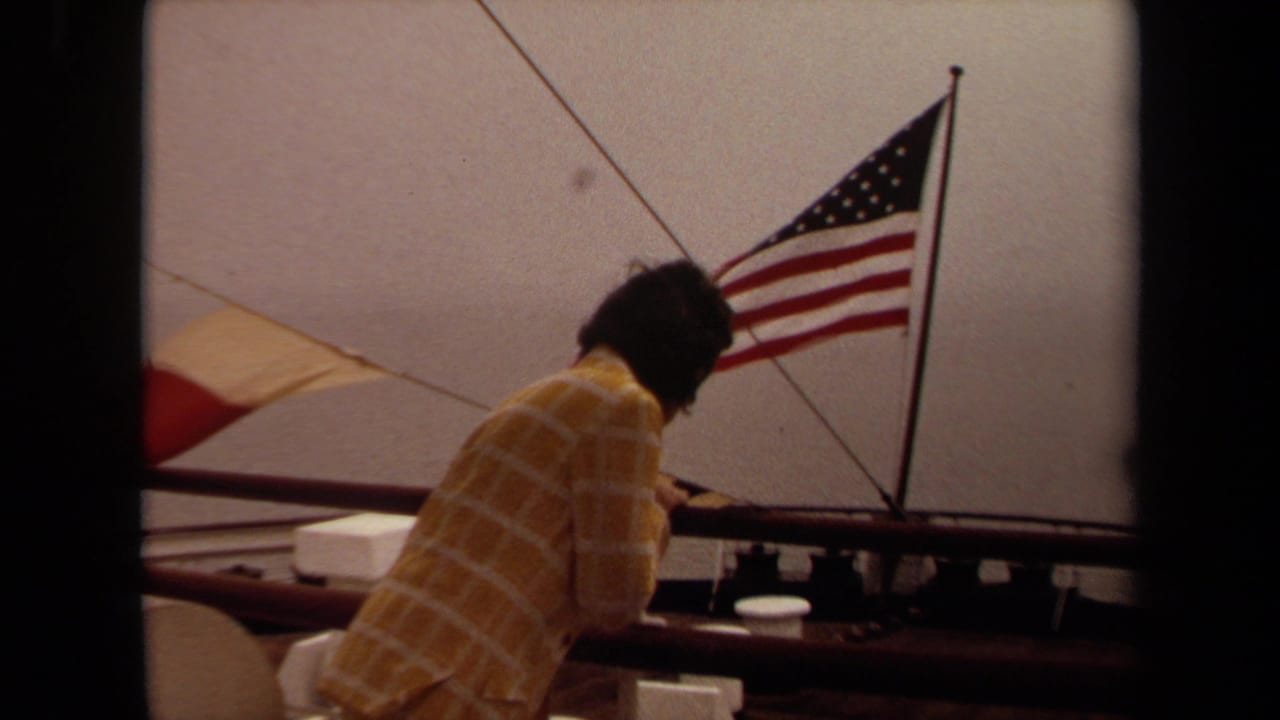 Person in a yellow plaid shirt leans on a boat rail near an American flag.