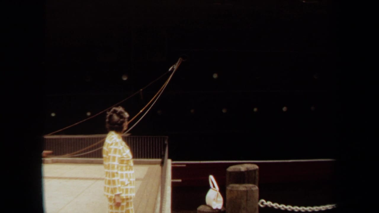 Woman in a yellow patterned dress stands on a pier beside a large dark ship hull.
