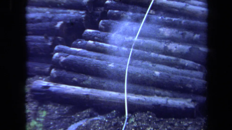 1971 Maine 8mm frame showing stacked logs, a pale line, dark film borders, and ground vegetation below.