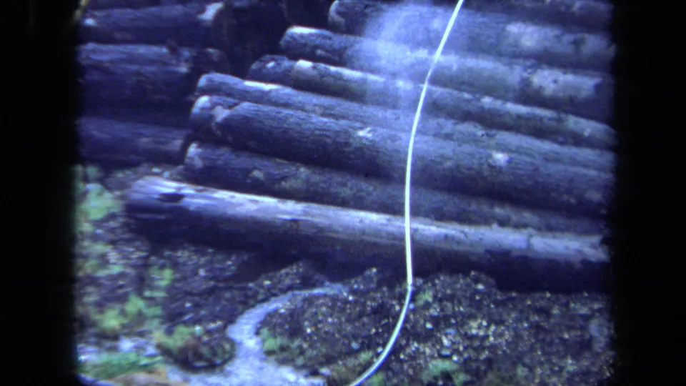 1971 Maine archival frame of stacked logs with a pale rope-like line curving down toward the ground.
