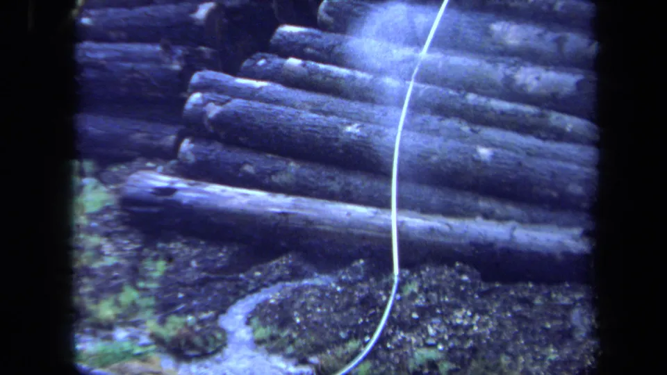 1971 Maine 8mm frame showing stacked logs near gravel, vegetation, and a narrow stream, with a pale cable running diagonally.