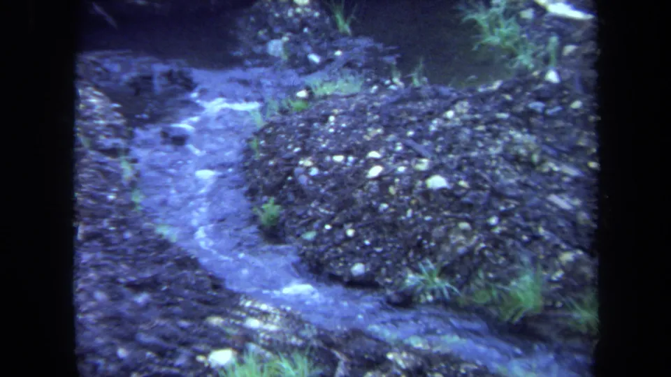 1971 Maine 8mm frame showing a curving shallow stream beside rocky soil and scattered grass.