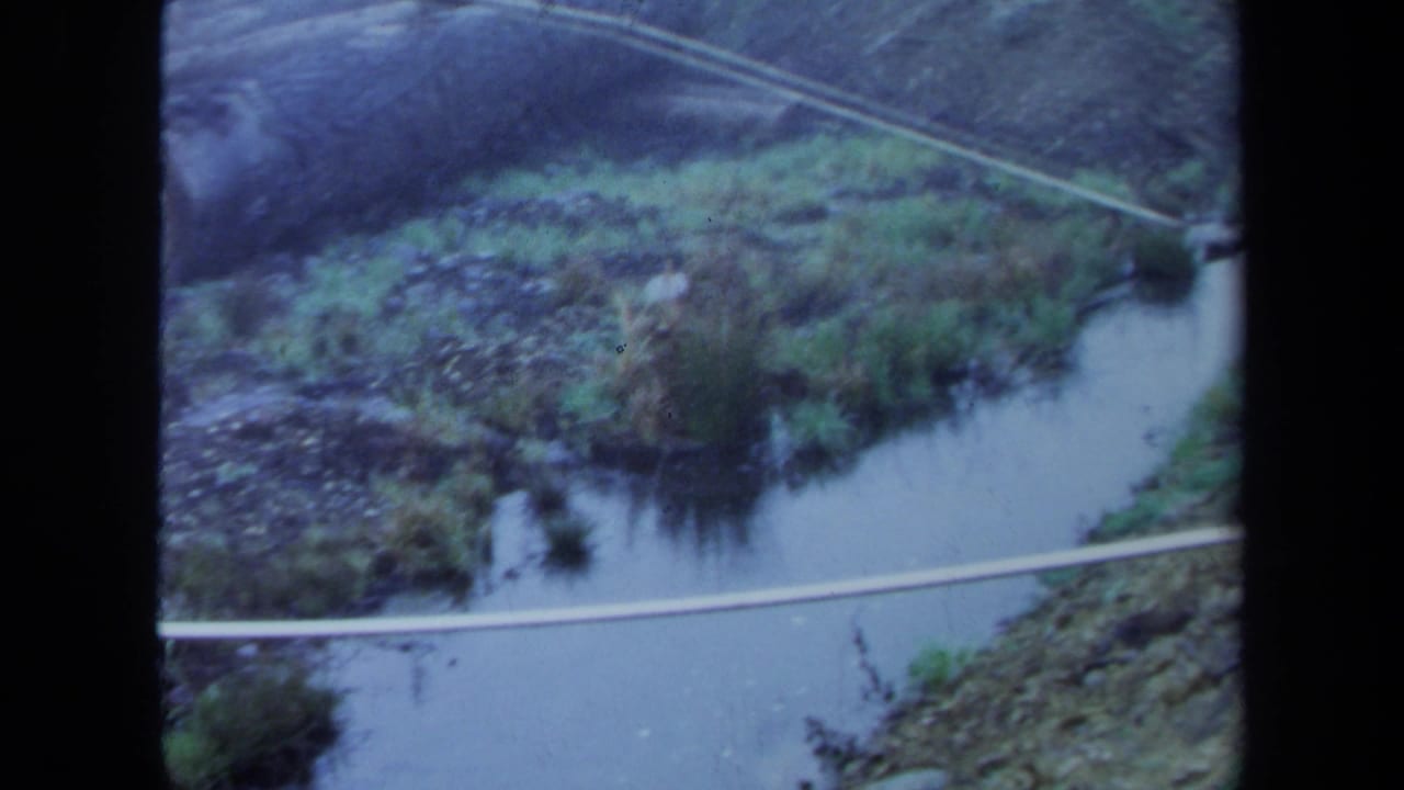 1971 Maine 8mm frame showing a small stream crossed by pale pipes, with muddy banks, grass, and brush around the water.