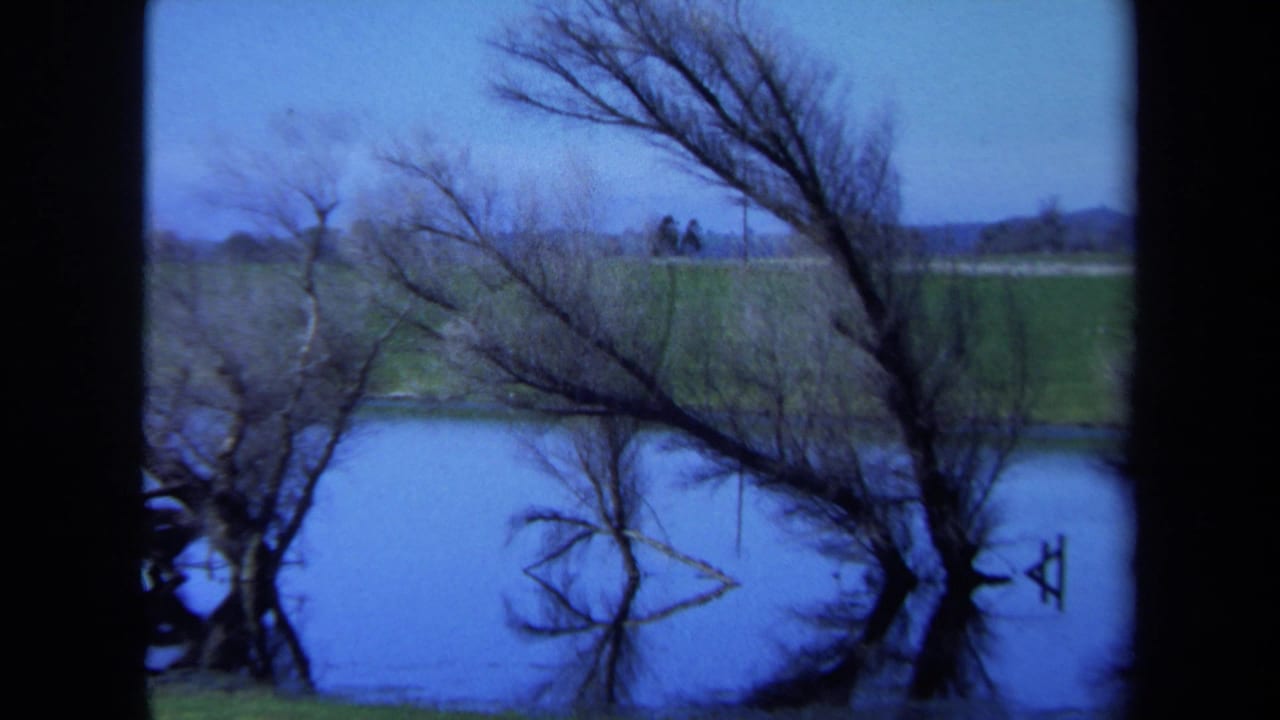 1971 Maine 8mm frame showing a quiet lake, bare trees, reflections, grass, and tiny indistinct people in the distance.