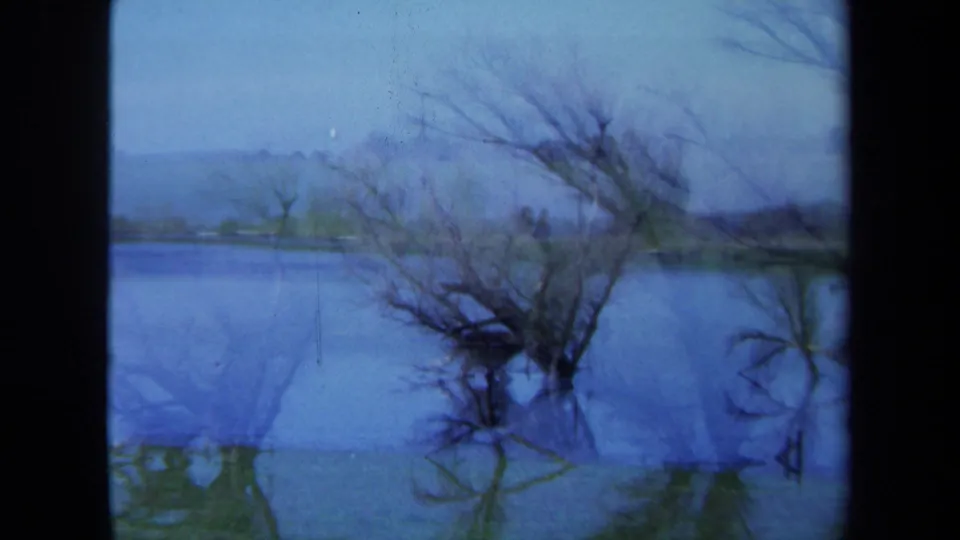 1971 Maine 8mm frame with soft exposure, a calm lake, bare tree silhouettes, reflections, and faint distant bank detail.