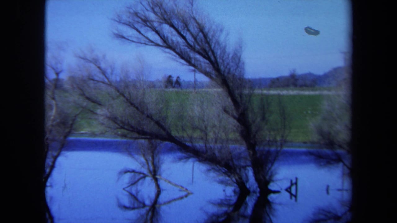 Flooded shoreline with bare trees, green field, distant hills, and tiny figures.