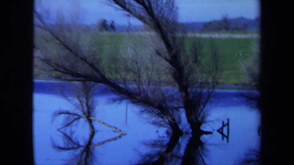 1971 Maine home-movie frame with leafless trees reflected in blue floodwater and a grassy field in the background.