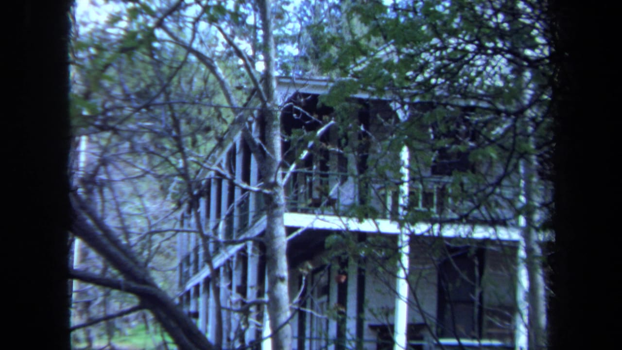 Large white house with upper balcony seen through branches.
