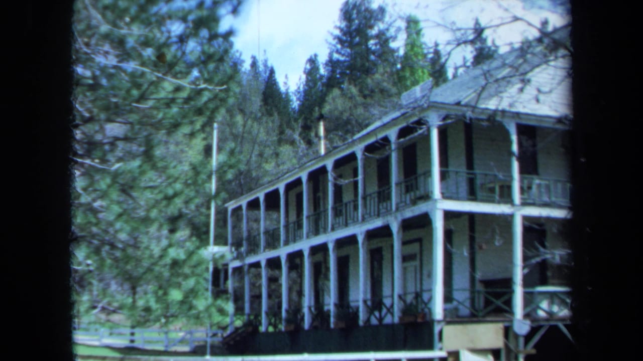 1971 Maine home-movie frame of a porch-fronted wooden house partly framed by nearby branches and dense evergreens.