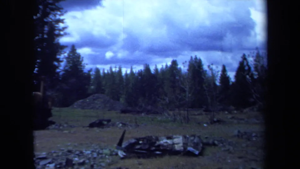 1971 Maine home-movie frame with a low mound, evergreens, bare saplings, and weathered foreground debris under overcast light.