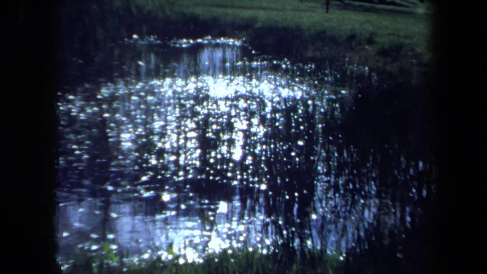 Maine 1971 8mm view of pond water flashing with sunlight, framed by reeds, grass, and dark home-movie edges.