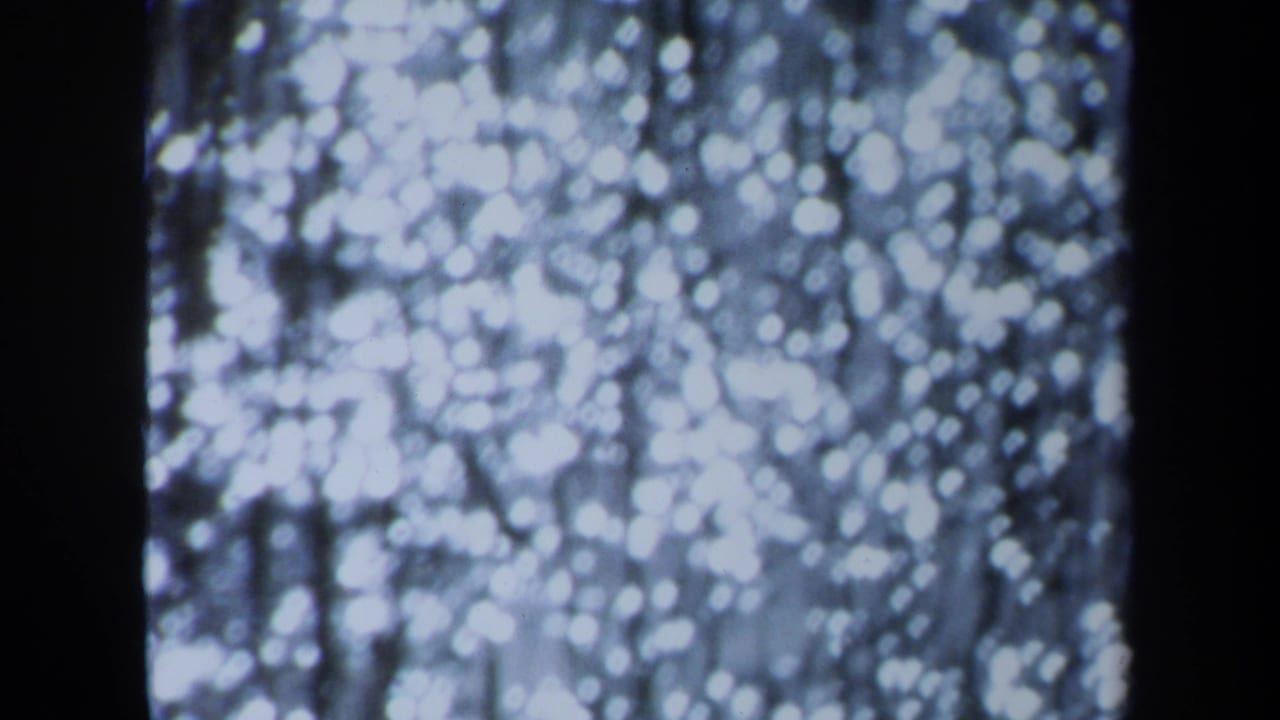 1971 Maine 8mm frame with soft white bokeh, dark vertical divisions, and faint hanging lines against a cool-toned background.